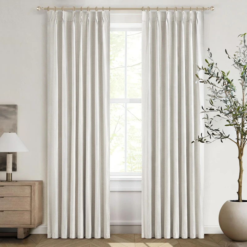 Unique 78 Inch Pinch Pleated Curtains Blackout for Bedroom 2 Panel Set, Neutral Cream Linen Blend Pleat Memory Trained Drapes Room Darkening Insulated Nursery Curtain Back Tab 40x78 Inches Window Burg