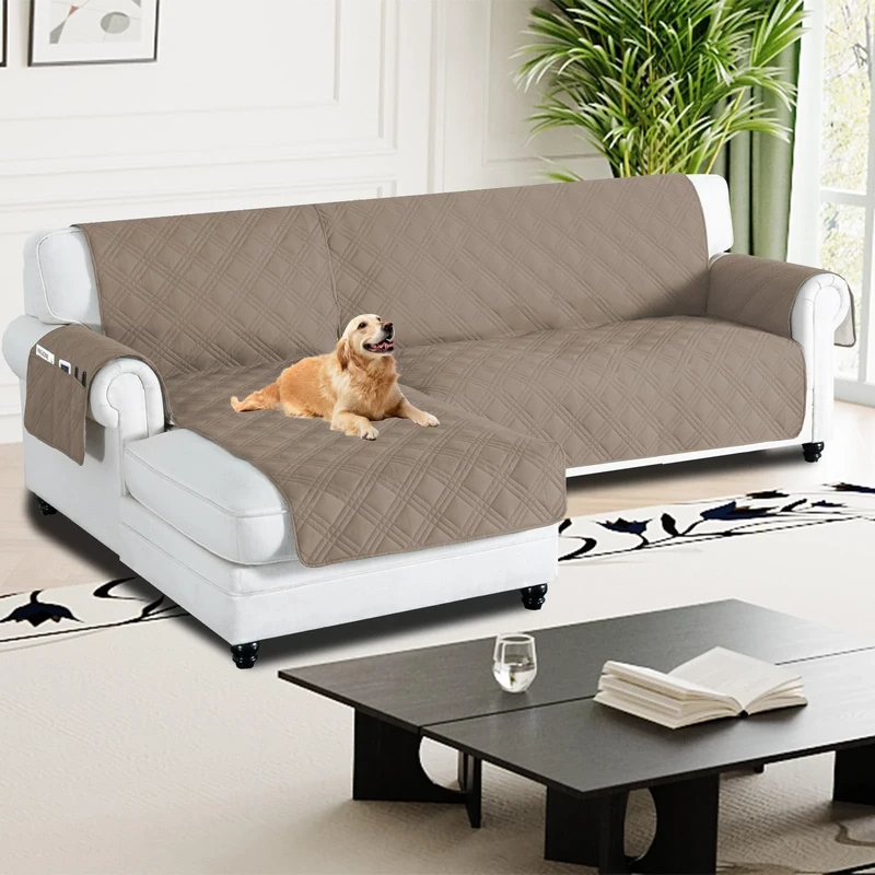 H.Versailtex 100% Waterproof Couch Covers for Sectional Sofa 2-Piece Non Slip Corner Sofa Cover Sectional Couch Cover L Shaped for Dogs (Left Chaise Lounge Cover + 3 Seat Sofa Cover, Taupe)