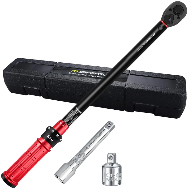 ATsafepro Torque Wrench Set 1/2 Inch,20-230Nm Torque Wrench with 3/8" Adapter,5'' Extension Bar,Precision Torque Tool ±3% Accuracy with 72 Teeth Dual-Direction Adjustable for Car & Motorcycle，Truck