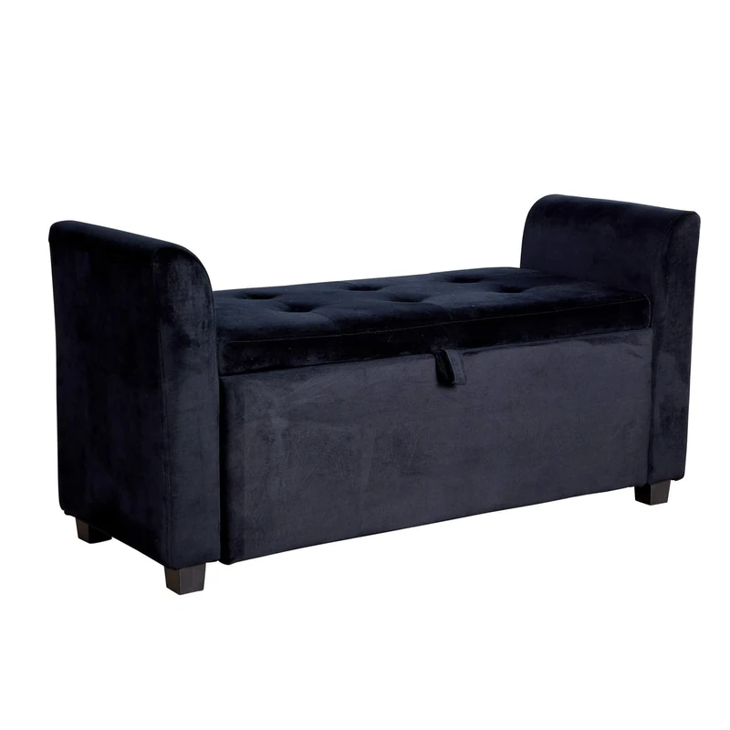 Home Source Storage Ottoman Window Seat, Velvet Footstool Bench, Lift Up Lid Chest, Bedding Blanket Toy Box, 120cm, Black