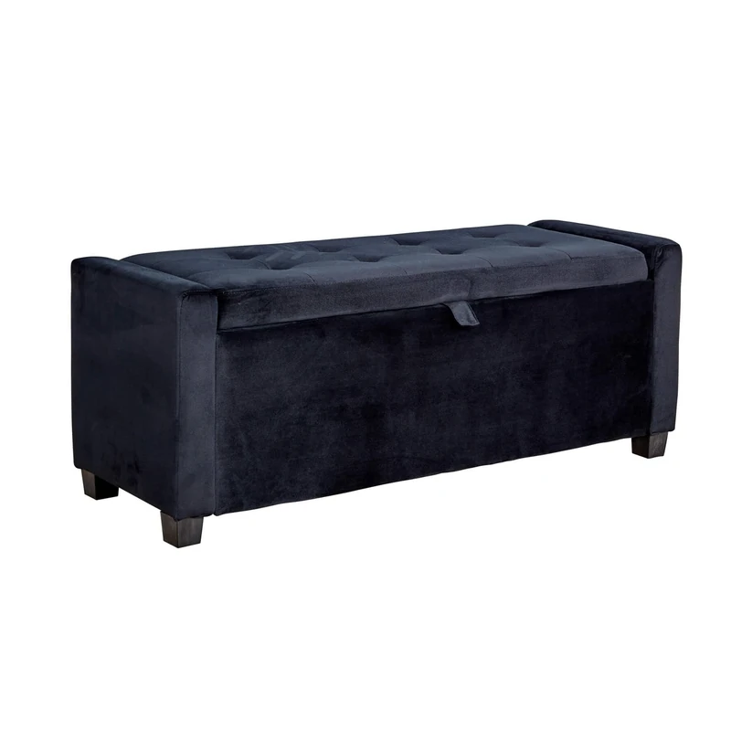 Home Source Velvet Storage Ottoman, Lift Up Lid Chest Footstool Bench, Bedding Blanket Toy Box, Deep Button Detail, 110cm, Black
