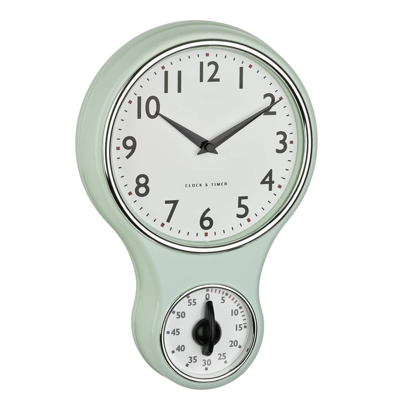 TFA Dostmann Retro Analogue Wall Clock with Timer 60.3073.20 Egg Timer up to 60 Minutes Kitchen Wall Clock with Glass Cover Vintage Design Mint Green