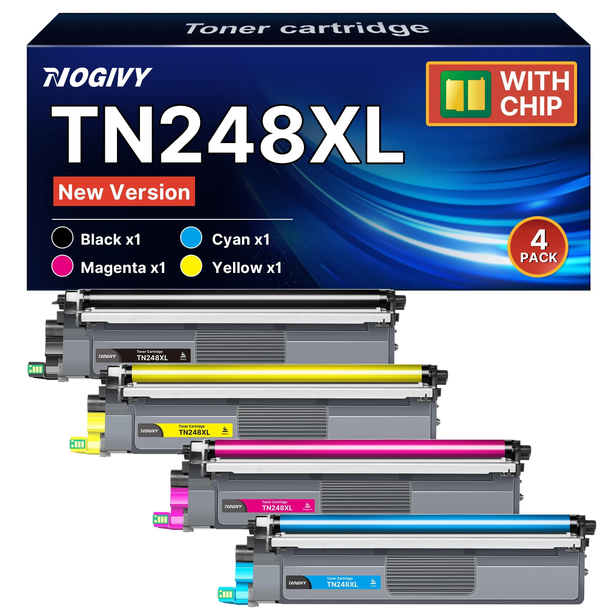 NOGIVY TN248XL TN248 Toner Cartridges Replacement for Brother TN-248 TN248XL Compatible with Brother HL-L3220CW HL-L3240CDW DCP-L3520CDW DCP-L3520CDWE MFC-L3740CDWE (Black Cyan Yellow Magenta, 4-Pack)