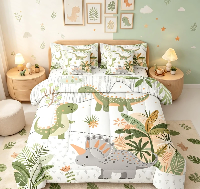 Feelyou Kids Cute Dinosaur 7 Piece Bedding Set Full Size Cartoon Green Dinosaur Comforter Set with Sheets for Boys Girls Teens Cute Animal Bed in a Bag Coconut Plant Bed Set