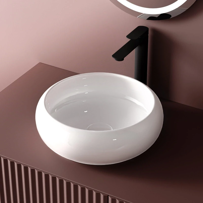 EMKE Designer Wash Basin, Ceramic Countertop Basin, Round, 36 x 36 x 12 cm, White, Luxurious Design Countertop Sink for Bathroom and Guest Toilet