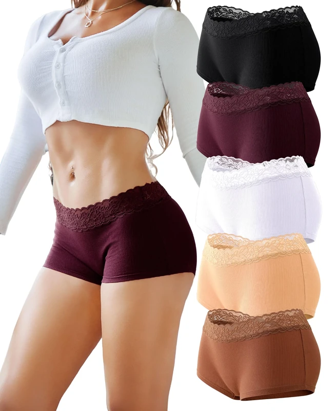 READY TO LOVE Ladies Boxer Shorts Underwear Women Cotton Sexy Pants Soft Lace Boy Shorts Womens Comfortable French Knickers Multipack Panties(M)