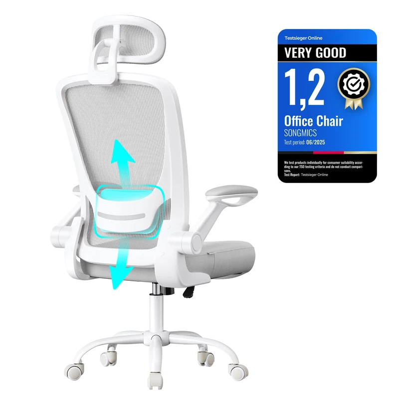 SONGMICS Office Mesh Chair, Ergonomic Swivel Chair, Lumbar and Head Support, Wide Seat, Foldable Armrests, Tilt Function, for Office Bedroom, Dove Grey OBN047G02