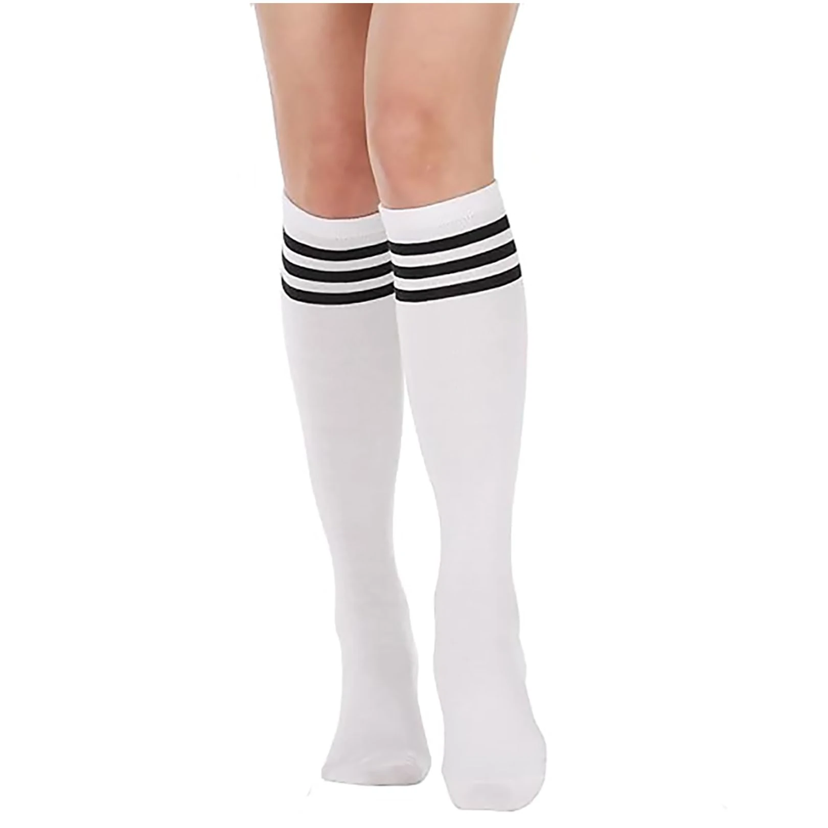1 Pair White Knee High Socks,Casual Thigh High Sock White Black 3 Striped Boot Socks,Tights Stripes Womens Sock Long Tripe Tube Stockings,for Women Girls Daily Wear Cheerleader,Halloween Clown Props