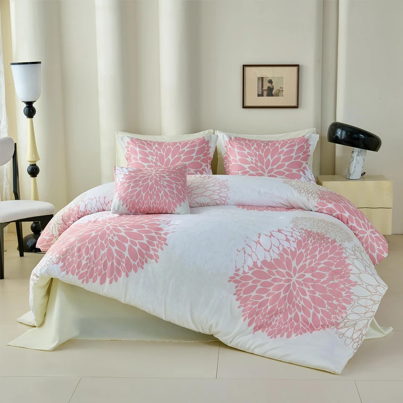 Koniroom 8-Piece Pink Comforter Set Queen Size - Beige White Flower Bed in a Bag with Sheets, Pillowcases, Shams, and Decorative Pillow Cover