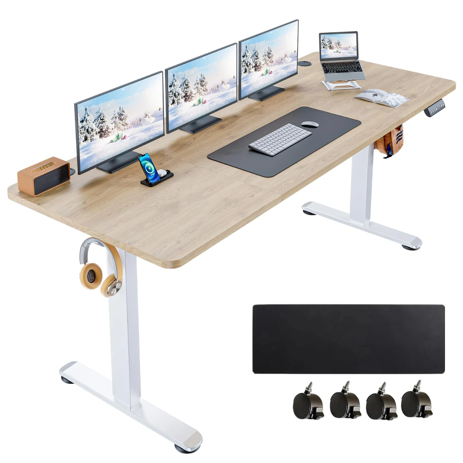 KORGOL Electric Standing Desk 70 x 24 Inches Adjustable Height Sit Stand Up Desk for Home Office Computer Workstation Memory Preset with Wheels,Rustic Oak