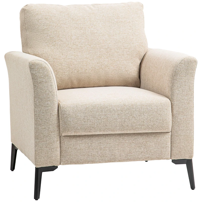 HOMCOM Modern Armchair, Upholstered Linen Fabric Accent Chair with Metal Legs, Wood Frame and Thick Padded Cushion for Living Room Bedroom Office, Beige