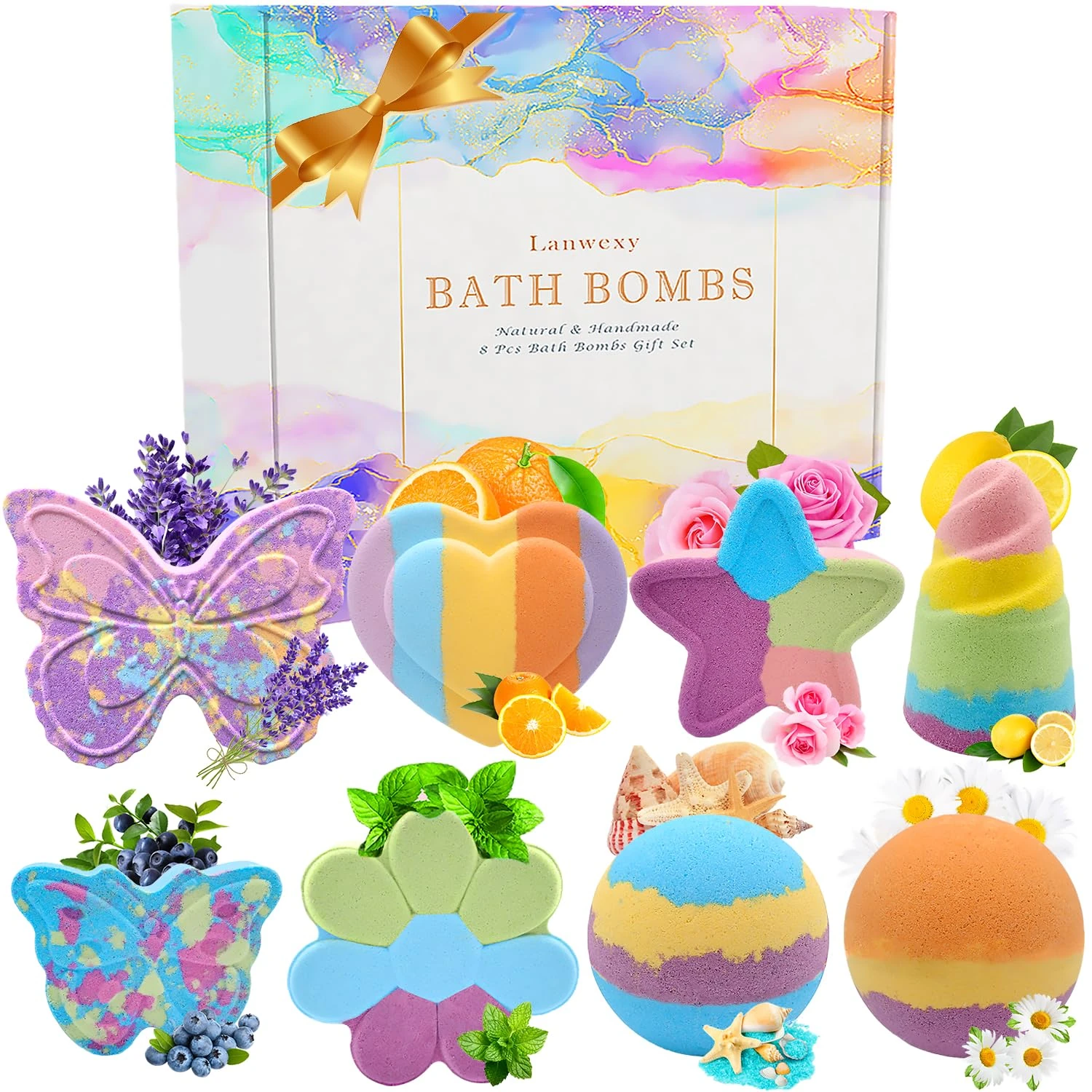 Bath Bombs,Lanwexy 8 Large Bath Bombs Set for Women Organic Natural Handmade Aroma Pure Essential Oil Bubble Bath Balls Fragrant Spa to Moisturize Dry Skin Birthday Day Valentine's Day Gift(Butterfly)