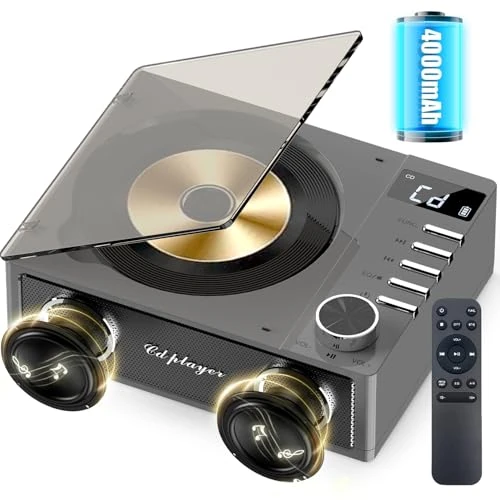 4000mAh Rechargeable CD Player with Dual Speakers, Bluetooth Portable CD Player with FM Radio,Remote Control, LCD Display, Support USB/TF Card/AUX/3.5mm Headphone Jack for Home (Grey)