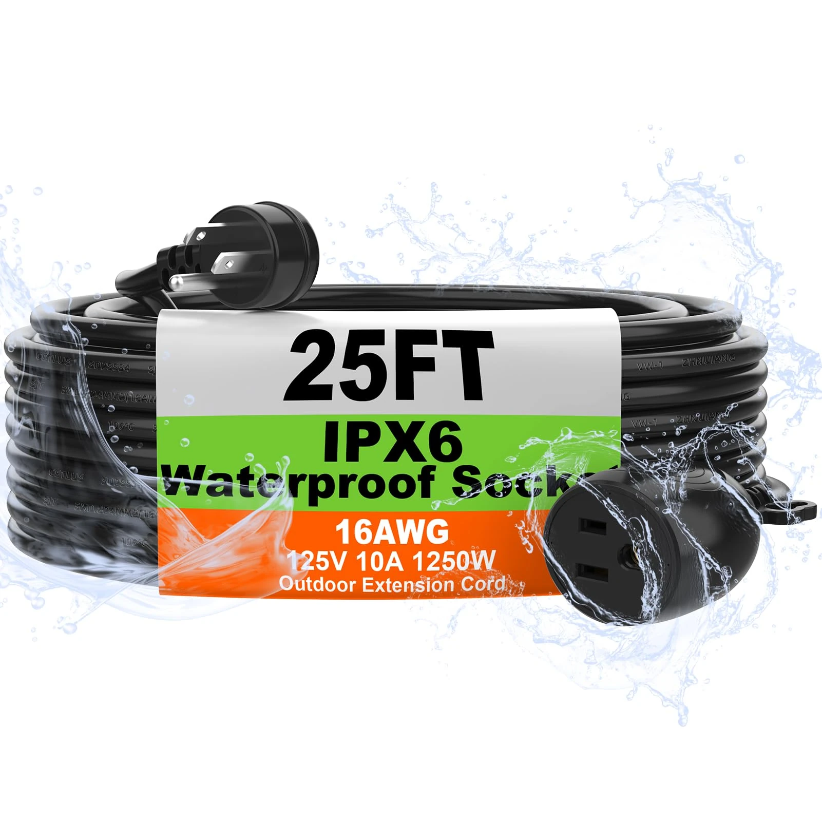 USEDOM Outdoor Extension Lead IPX6 25ft Waterproof 16/3 Gauge Heavy Duty Black Extension Lead 10A 1250W SJTW Waterproof Plug 3 Prong Flat