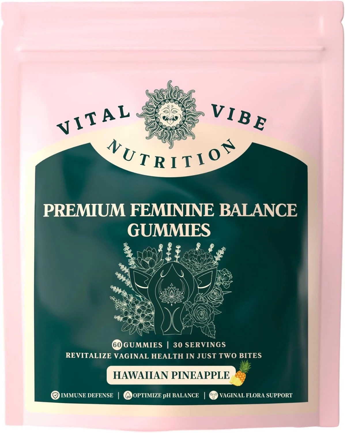 Vital Vibe Premium Feminine Balance Gummies - for Women’s Health & Wellness - Immune Support - Vegan, Gluten-Free - Hawaiian Pineapple - 60 Gummies