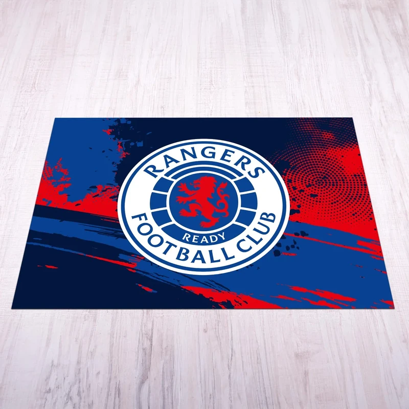 Licensed Décor Rangers Football Club - Medium Vinyl Floor Mat 125cm (w) x 100cm (h) - Full Colour Crest on Textured Background