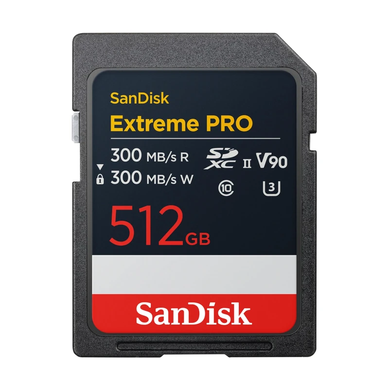 SANDISK Extreme PRO SDXC card 512GB, UHS-II(Up to 300 MB/s read speeds, 300 MB/s write speeds, V90, Pro-level performance enables cinema-quality 8K video recording)