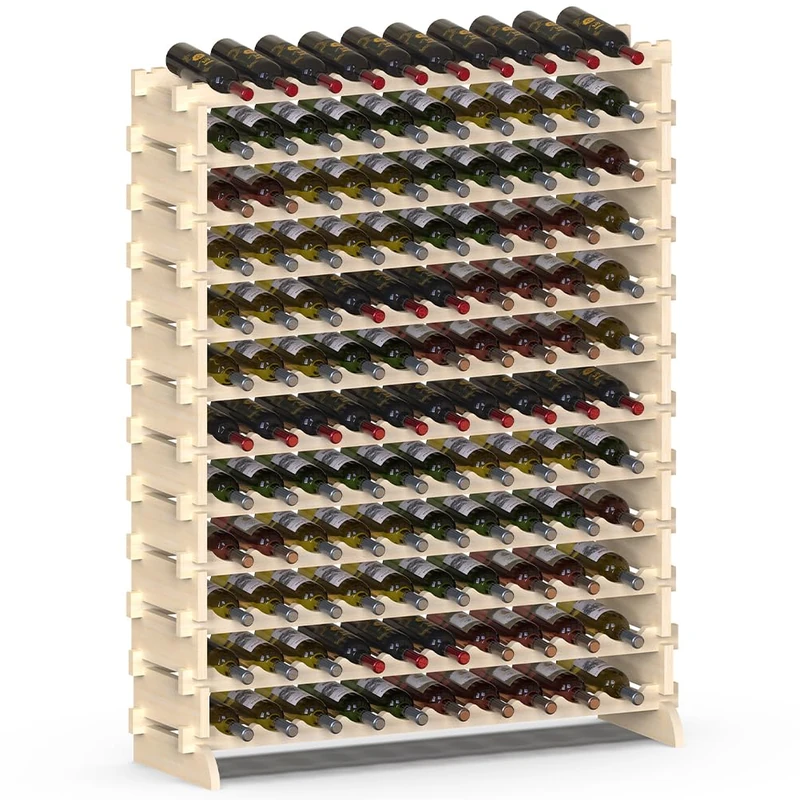 BAKAJI Wooden Wine Rack with 120 Compartments Wine Bottle Holder, Champagne, Floor Wine Rack for Living Room, Kitchen, Bistro, Restaurant, 110 x 35 x 140 cm