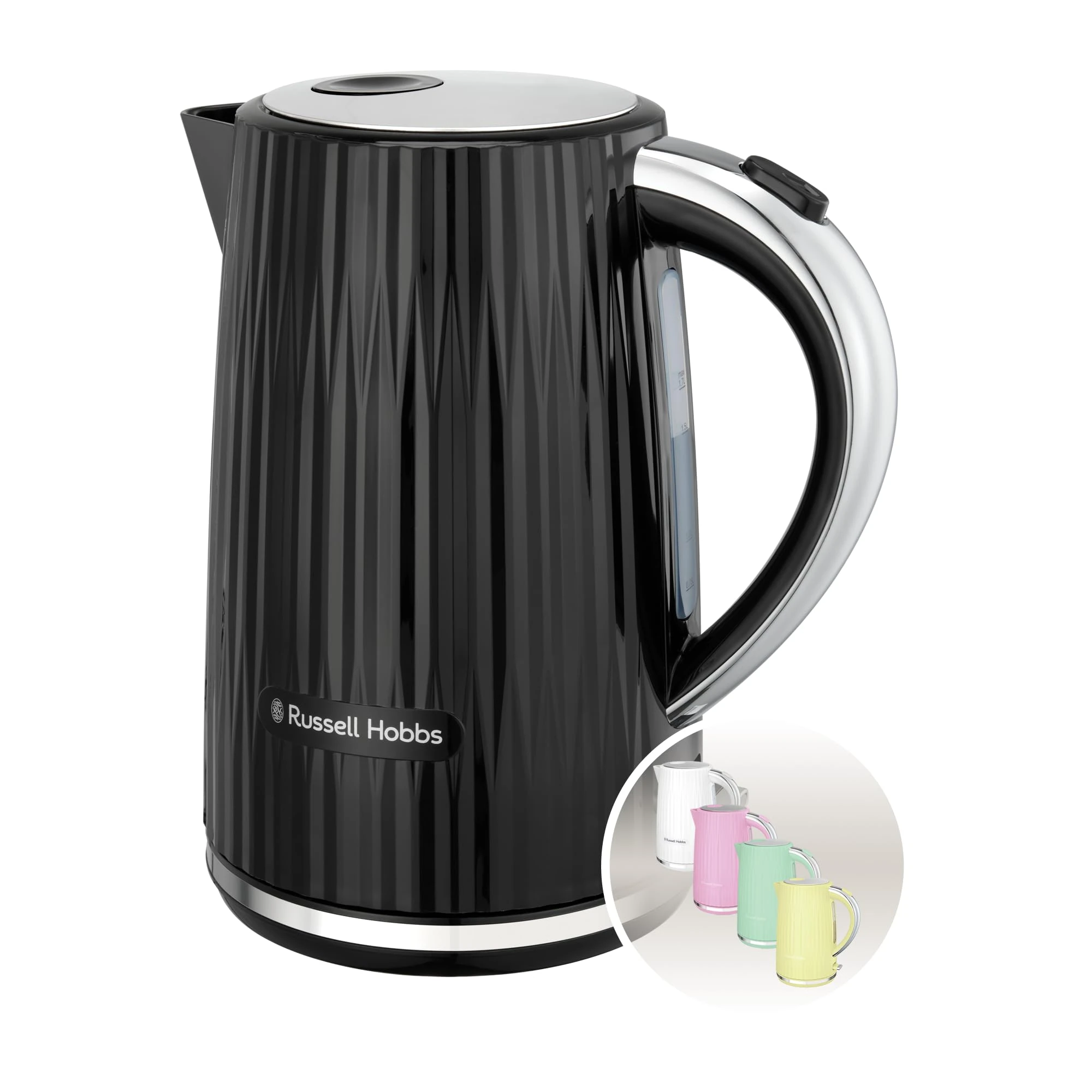 Russell Hobbs Electric Kettle (Hot Water, Tea or Coffee, 1.7L, Push to open lid, Perfect pour spout, Removable washable filter, Illuminated switch, Chrome accents, Black, 3000W) Eden 27361