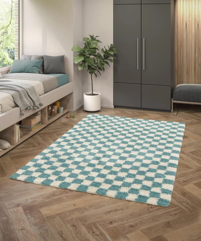Rugs Essentials Balta Shaggy Checkerboard Rug, Rectangular Indoor Rug for Living Room, Bedroom, Soft and Comfortable, Easy Care, Thickness 30 mm, Polypropylene, 120 x 170 cm, Turquoise