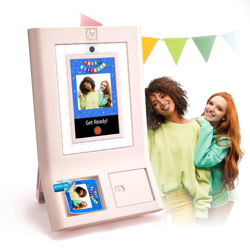 HP Sprocket Photo Booth Machine Instant Color Photo Printer - 10.1" Touchscreen, LED Ring Light - Customize w/250+ Fun Frames, Prints on 3x4 Zink Paper or Share via QR Code, Mobile Notify App -Pink