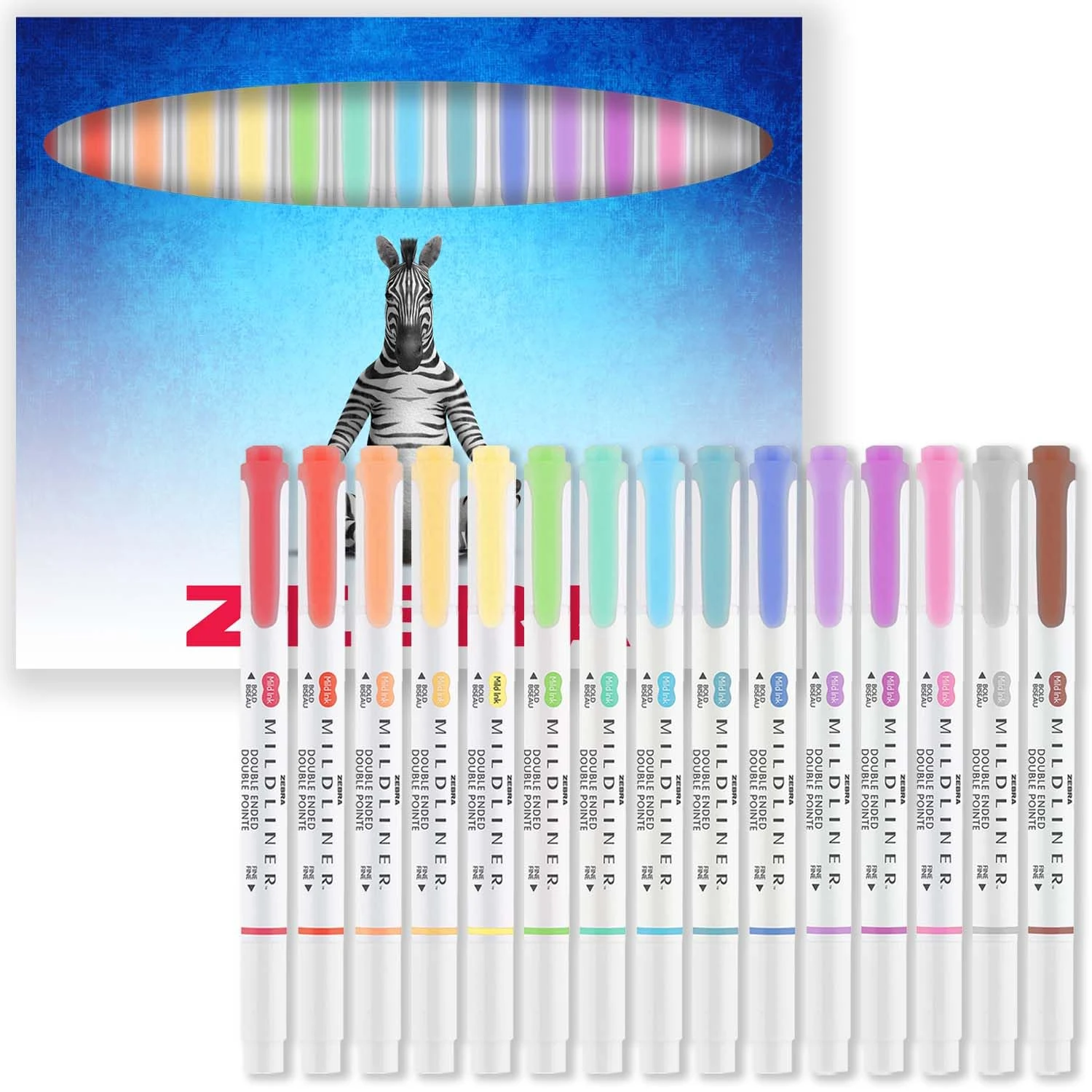 Zebra Pen Mildliner Dual Tip Highlighter Pens - Broad & Fine Tip Double Ended Markers - Pack of Colours in Cardboard Gift Box - Acid-Free & Non Toxic Ink (15 Pack)