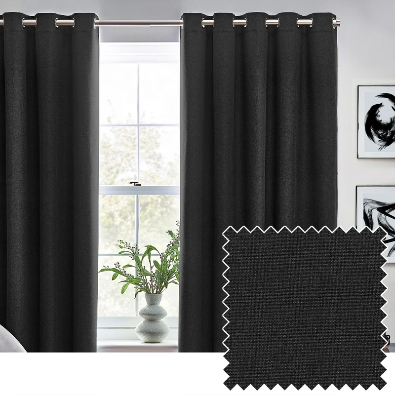 furn. Dawn Textured Blackout Eyelet Curtains – Thermal Lined Pair (Black - Width 229 x Drop 183cm)
