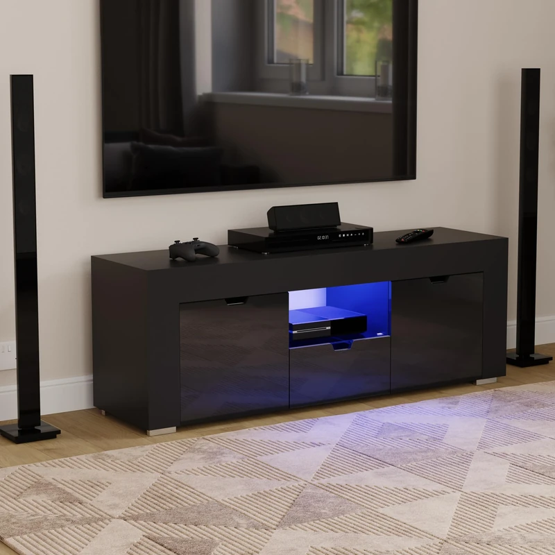 Vida Designs Eclipse 2 Door 1 Drawer LED TV Unit, Modern Storage for Entertainment Living Room Cabinet Media Stand Furntiure (Black)