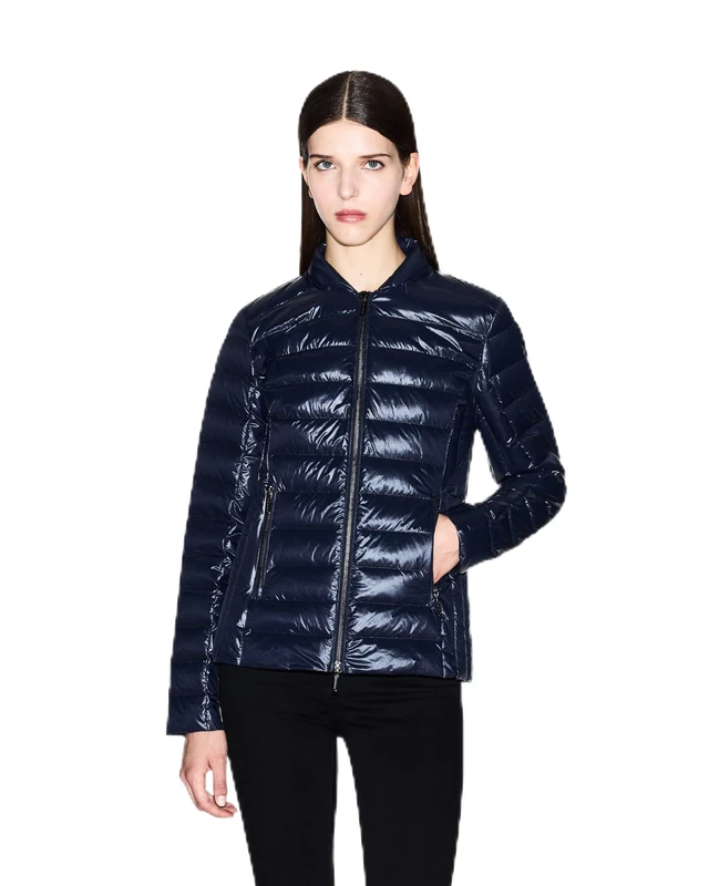 Armani Exchange Women's Padded Side Logo Patch Adjustable Collar Jacket, navy, M
