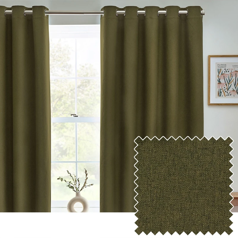 furn. Dawn Textured Blackout Eyelet Curtains – Thermal Lined Pair (Olive - Width 168 x Drop 229cm)