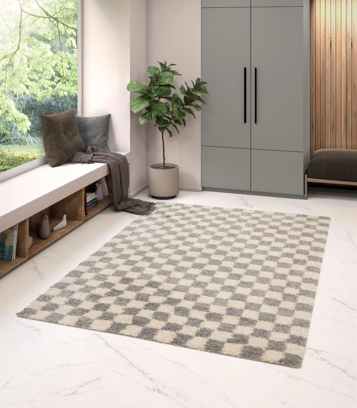 Rugs Essentials Balta Shaggy Checkerboard Rug, Rectangular Indoor Rug for Living Room, Bedroom, Soft and Comfortable, Easy Care, Thickness 30 mm, Polypropylene, 120 x 170 cm, Grey