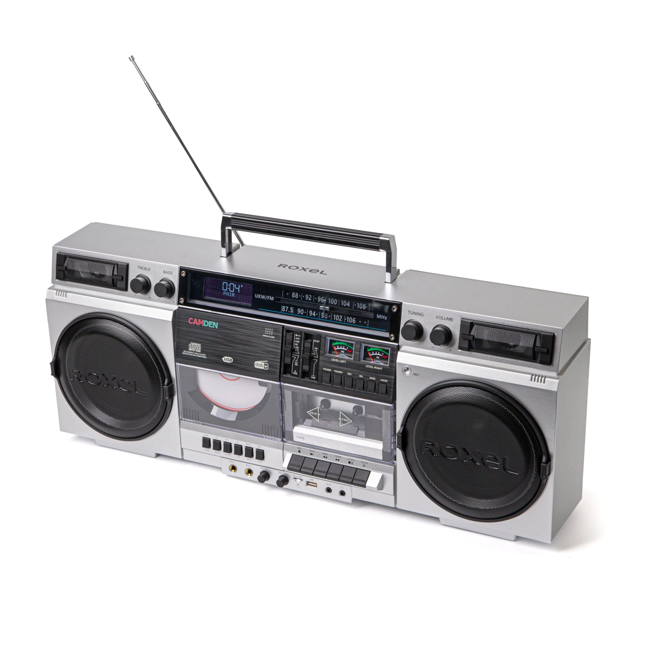 Roxel Camden Retro Cassette CD Player Boombox with DAB/FM Radio, Portable Vintage Player, BT 5.3, USB/TF/SD Playback, Mains Power, Headphone Jack, Vintage Design (Silver)