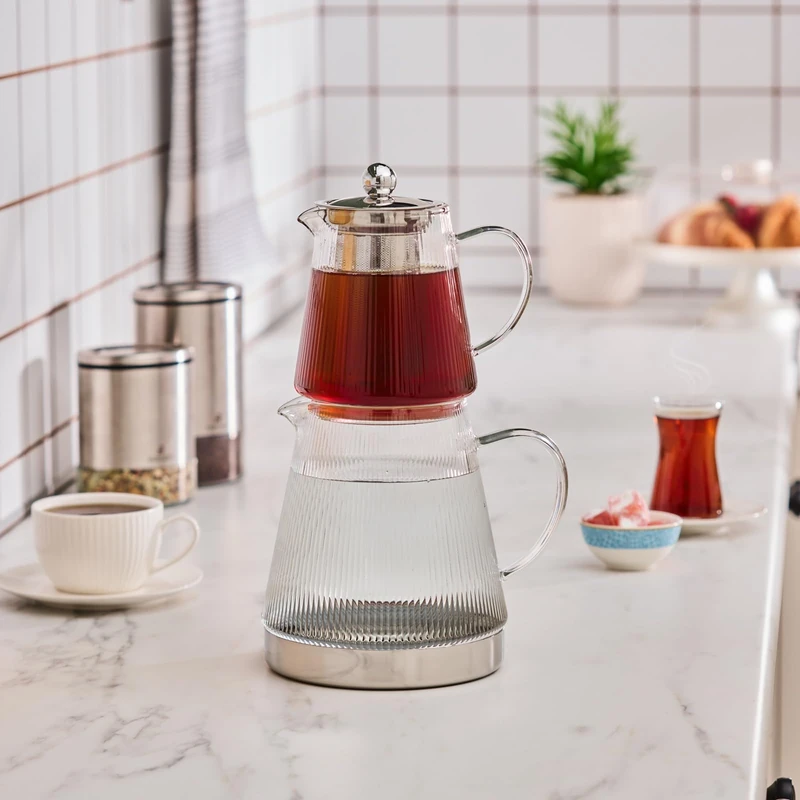KARACA Keops Borosilicate Glass Teapot Set with Infuser, 1500ml Tea Kettle & 450ml Teapot with Stainless Steel Strainer, Turkish Tea Maker for Loose Leaf and Herbal Tea, Dishwasher Safe