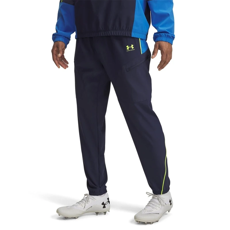 Under Armour Men's Challenger Warm-Up Pant, Water-Resistant Tracksuit Bottoms with Ankle Cuffs, Men's Joggers for Sports and Athletics,Washed Navy / / High Vis Yellow,SM