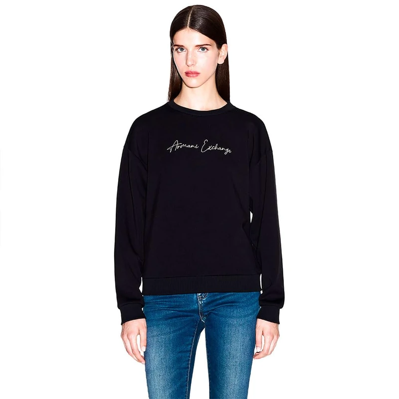 Armani Exchange Women's Essential, Cuffed Sleeve Signed Logo, Sweatshirt, Black, L, Black/Gold, L