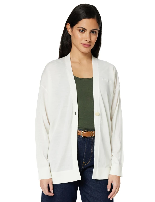 Armani Exchange Women's One Button Closure Tone on Tone Signed Logo Cardigan Sweater, White, S, ISO, S