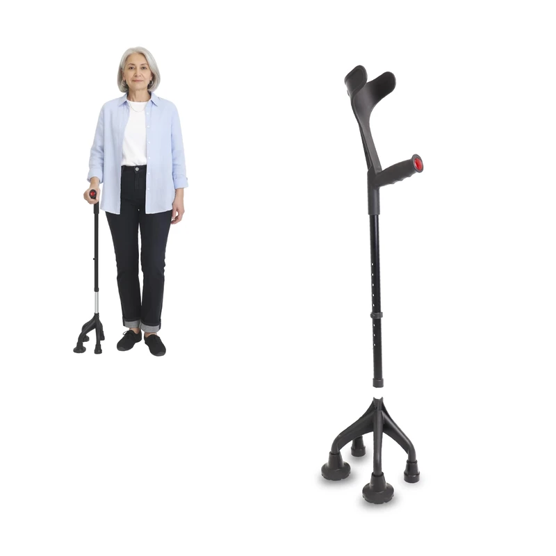 KMINA Crutches for Adults with 4 Legs (3.3 lbs) Adjustable for Users with Adequate Strength and Over 5 feet in Height, Quad Cane, Patented - Made in Europe