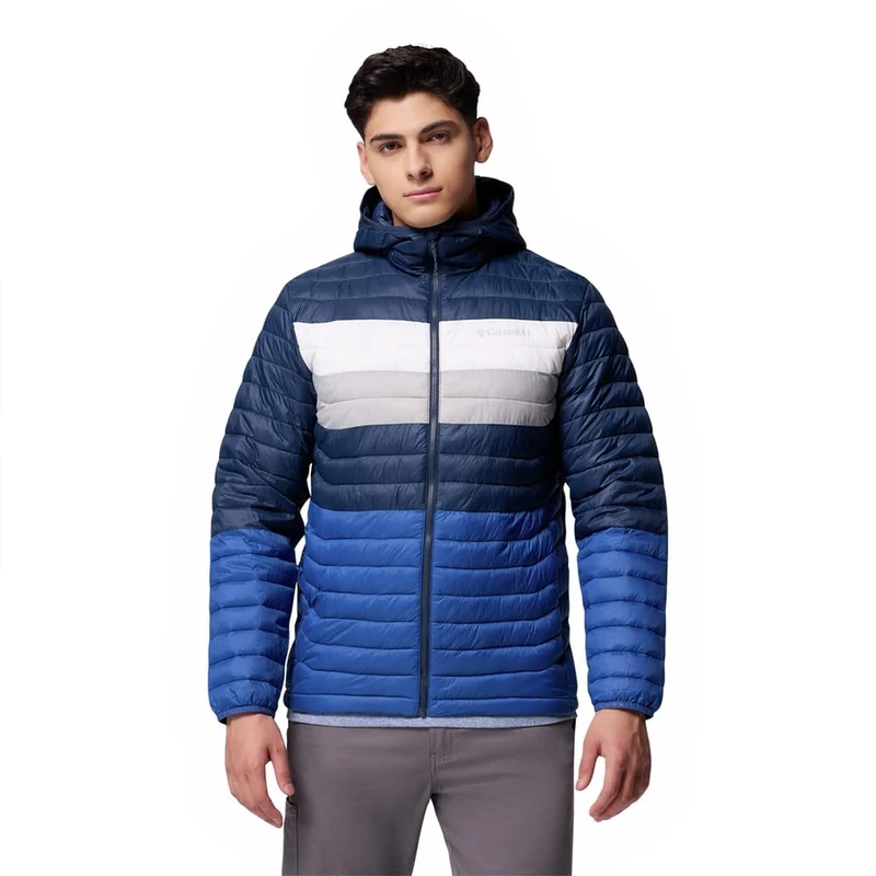Columbia Men's Powder Pass Hooded Jacket, Hooded Puffer Jacket, Mtn Blue, Coll Navy, White, Colm Grey, XXL