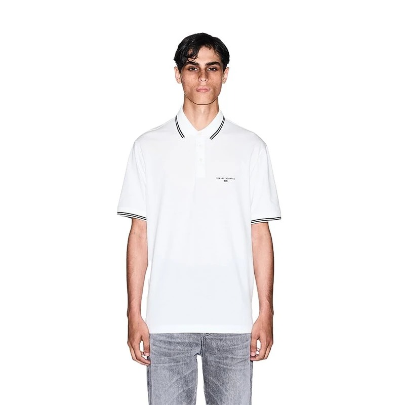 Armani Exchange Men's Short Sleeve Side Logo Three-Button Collar, Polo Shirt, Off White, S, Off White, S