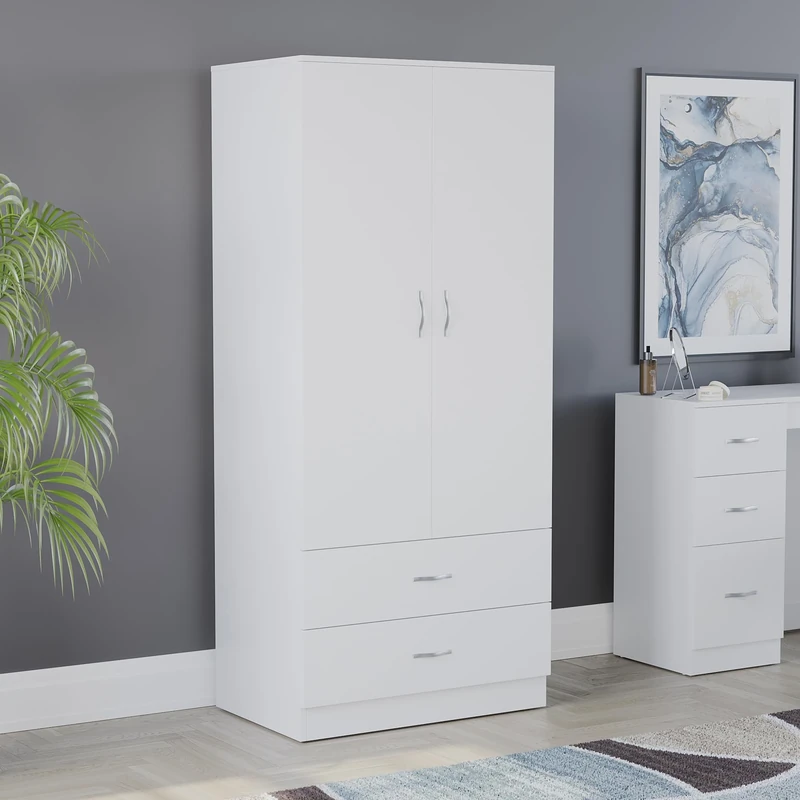 Vida Designs Riano Wardrobe, With Shelf & Hanging Rail Bedroom Storage Furniture (White, 2 Door & 2 Drawer)