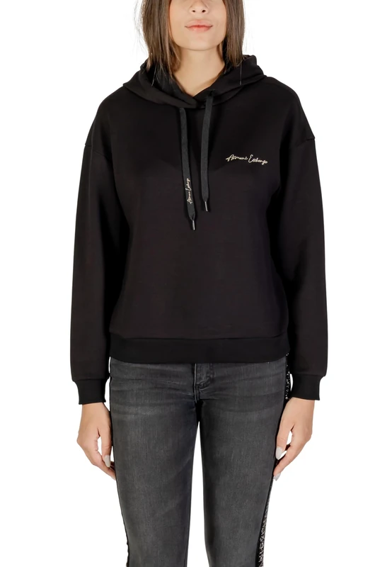 Armani Exchange Women's Essential, Lace-up Hood Side Signed Logo, Hooded Sweatshirt, Black, S, Black/Gold, S