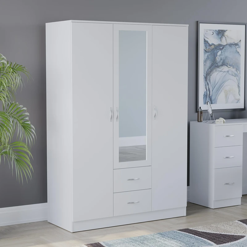 Vida Designs Riano Wardrobe, With Shelf & Hanging Rail Bedroom Storage Furniture (White, 3 Door Mirrored)