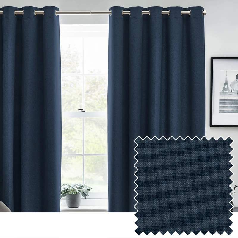 furn. Dawn Textured Blackout Eyelet Curtains – Thermal Lined Pair (Midnight - Width 117 x Drop 183cm)