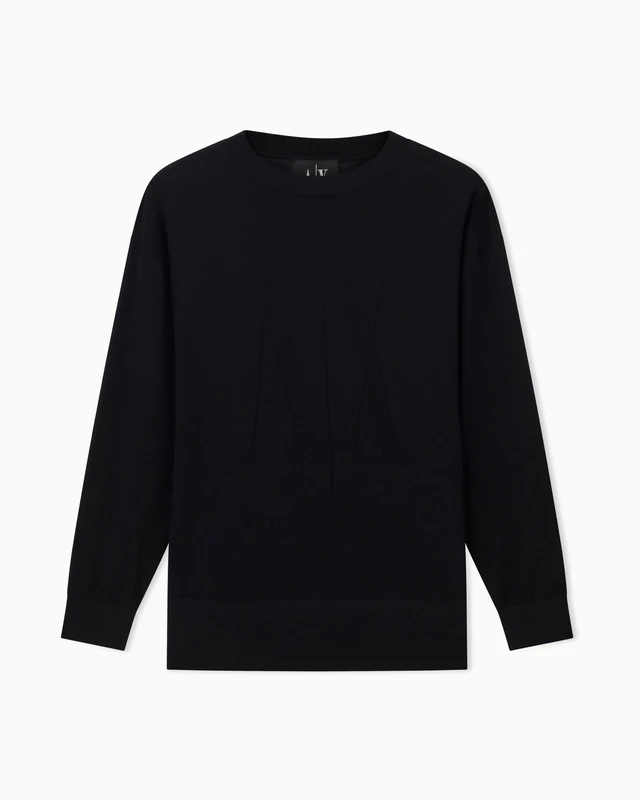 Armani Exchange Women's Long Sleeve Tone on Tone Embroidered Logo Pullover Sweater, Black, XS, Black, XS