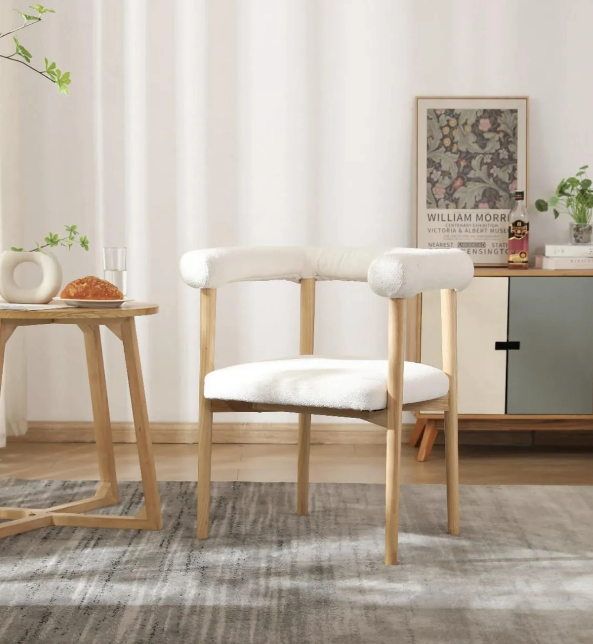 MOCHA HOME Boucle Dining Chair with White Teddy Fabric & Natural Wooden Frame - Also Suitable as Accent or Dressing Table Chair - Curved Tubular Cushion for the Arms & Back for Comfort & Support