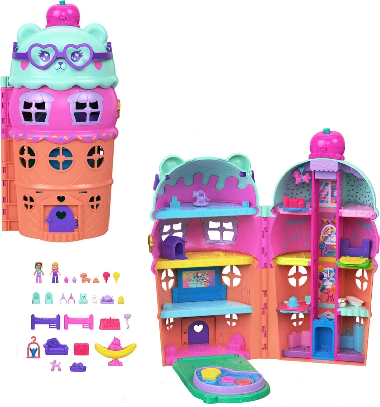 Polly Pocket Micro Dolls & Large Gelato House Playset, Ice Cream Bear Theme with 25+ Accessories including Furniture, Food, and Pets, JKB89