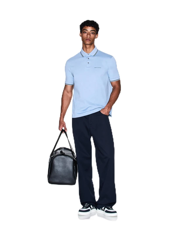 Armani Exchange Men's Small Text Logo Pique Polo Shirt, Faded Denim, L