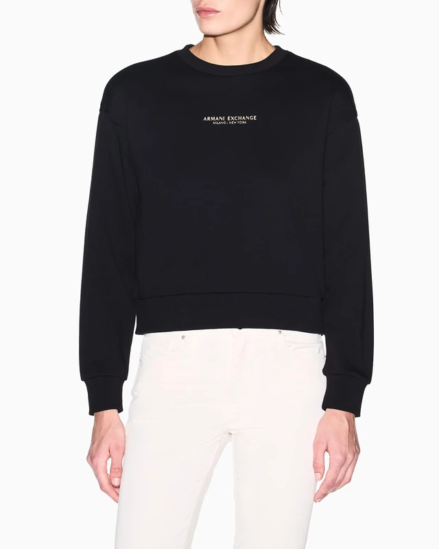 Armani Exchange Women's Long Sleeve Milano-New York Front Logo, Sweatshirt, Black, M, Black/Gold, M