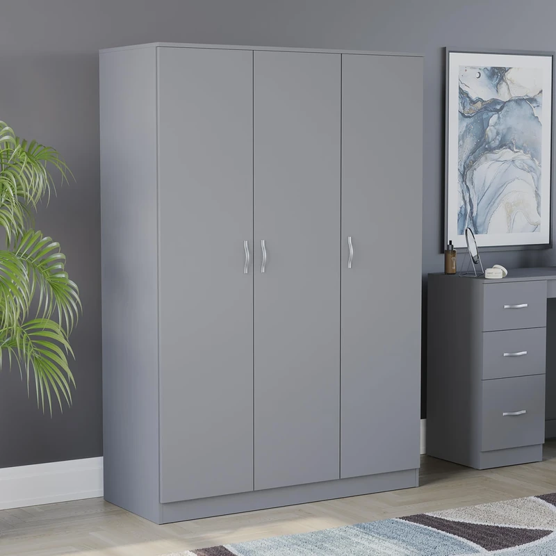 Vida Designs Riano Wardrobe, With Shelf & Hanging Rail Bedroom Storage Furniture (Grey, 3 Door)