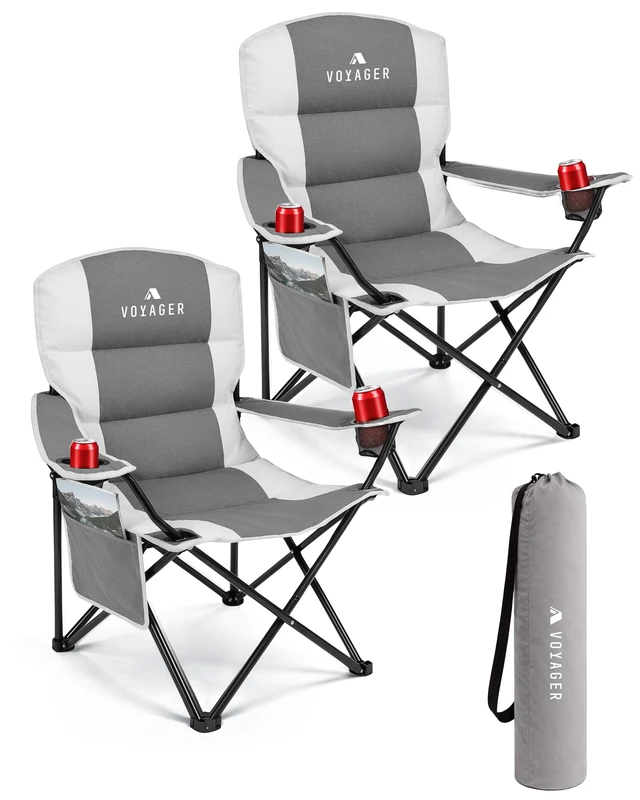 Voyager Folding Camping Chairs 2 Pack with Cooler Bag, Lightweight Q195 Steel Frame, 600D Oxford Fabric, Portable & Comfortable - Black (Grey, Padded)